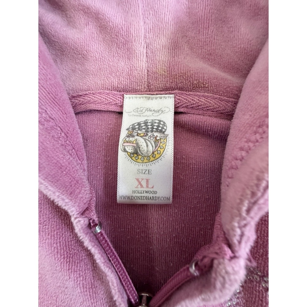 Ed Hardy Y2K Audiguier Tracksuit XL Pink Velour Tattoo Bling Graphic RARE USA - Picture 6 of 11